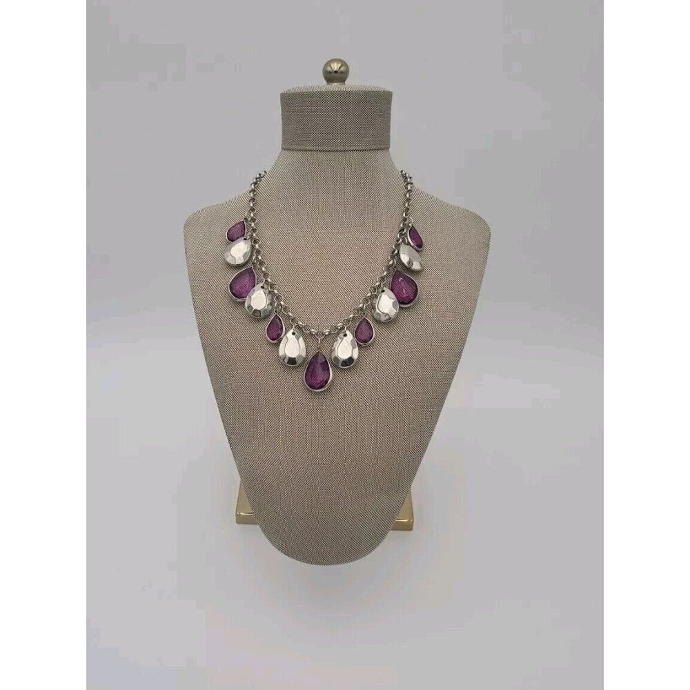 Vintage Silver‎ And Purple Statement Necklace 20 Inch Adjustable Length Light